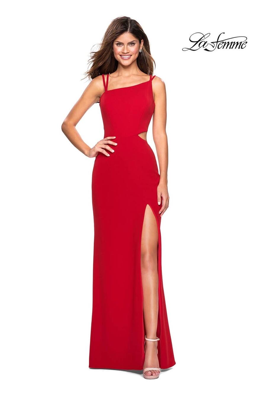 La Femme Red Asymmetrical Cutout Strappy Jersey Prom Formal Gown Size 6
